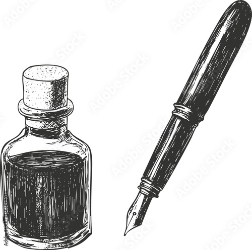 Vintage ink bottle and fountain pen illustration in black and white.