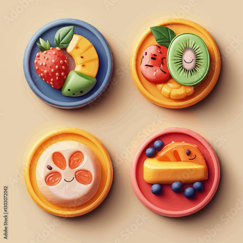 Colorful fruit icons strawberry kiwi mango with happy smile on plate