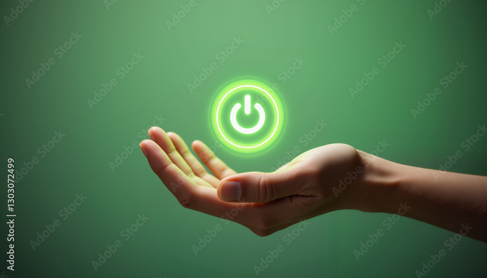 Hand holding glowing power button symbol on green background, digital concept of control
