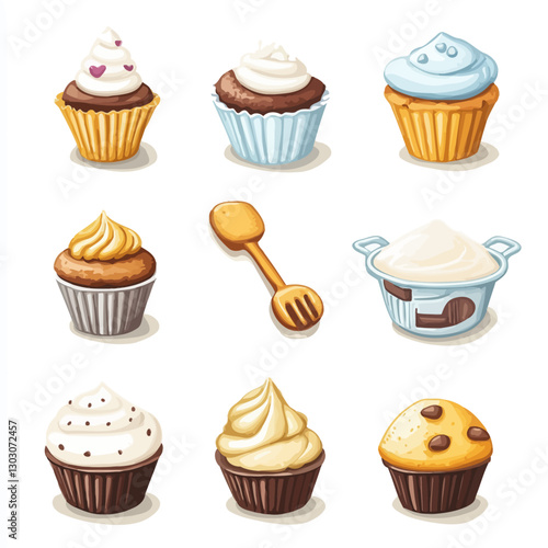 Assorted sweet cupcakes with colorful frosting and fillings on white