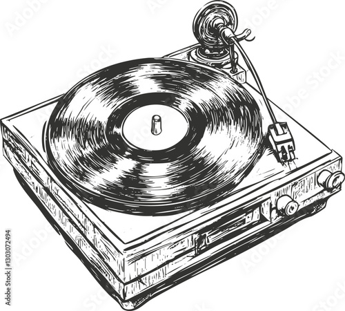 Black and white illustration of a vintage turntable with vinyl record.