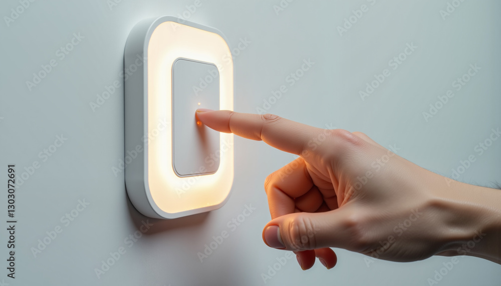 Hand turning on light switch with modern design, illuminated background, eco-friendly concept
