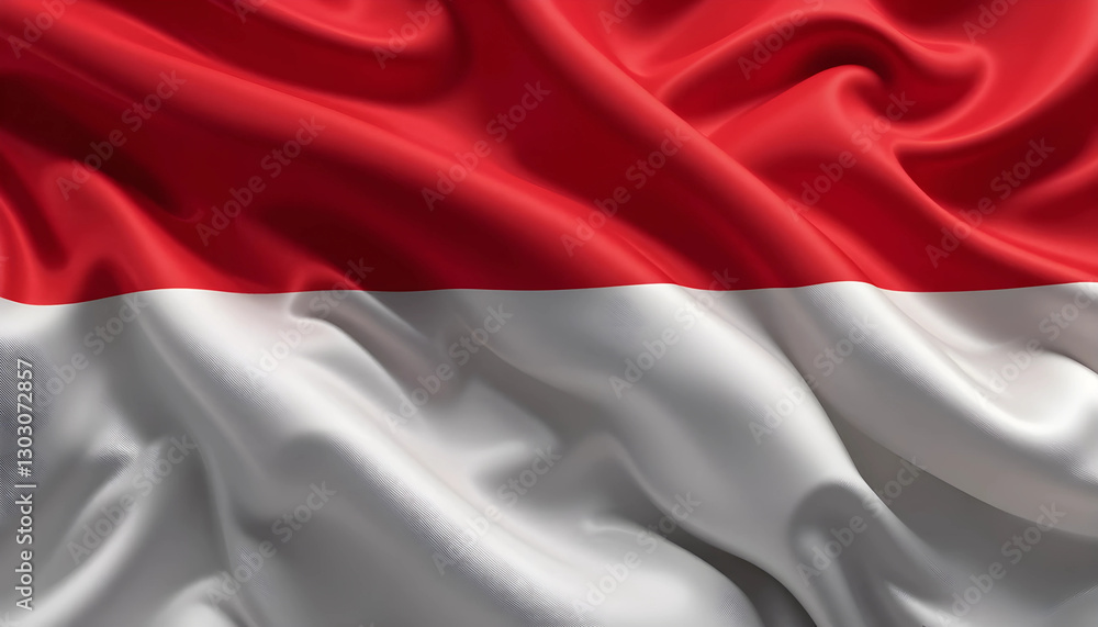 Waving Indonesian Monaco Flag Red and White Horizontal Stripes on Silk Fabric Waving Indonesian Monaco Flag Red and White Horizontal Stripes on Silk Fabric