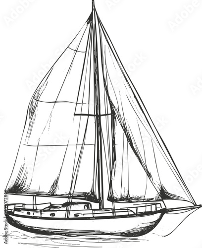 Vintage sailboat sketch with detailed sails and hull illustration.