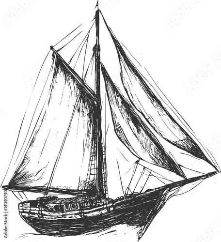 Vintage sketch illustration of a sailboat with detailed sails and hull.