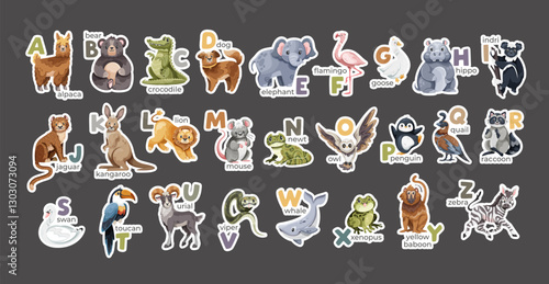 Sticker set of english alphabet matching with cute animals and birds on dark background