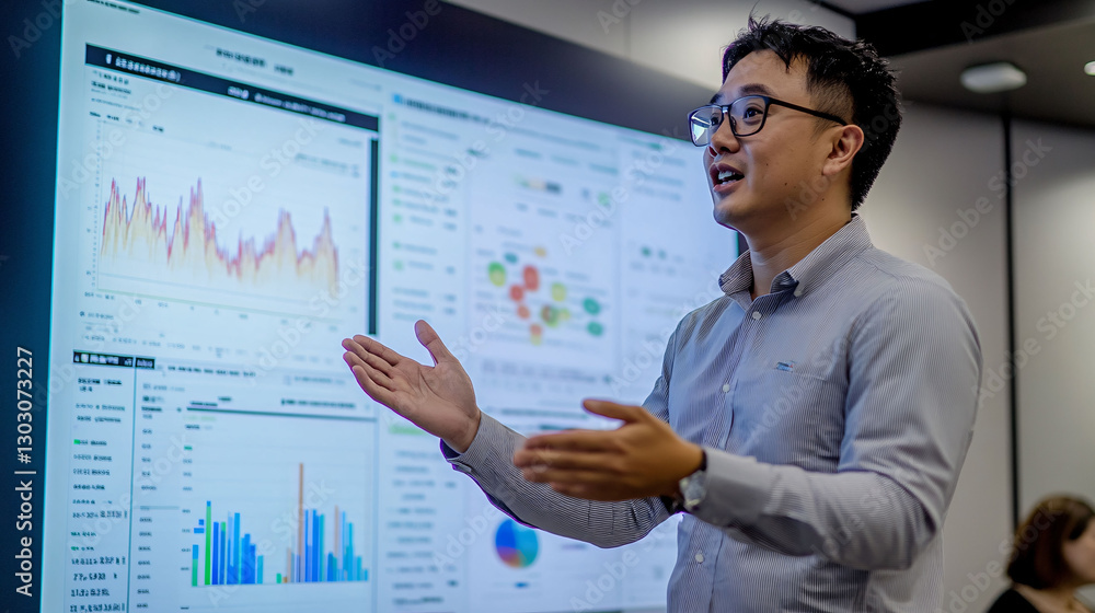Man Light Gray Pinstripe Shirt Is Giving Presentation. Presentation Uses Large Screen Displaying Various Charts Graphs Depicting Business Data. Man Light Gray Pinstripe Shirt Is Giving Presentation. Presentation Uses Large Screen Displaying Various Charts Graphs Depicting Business Data.