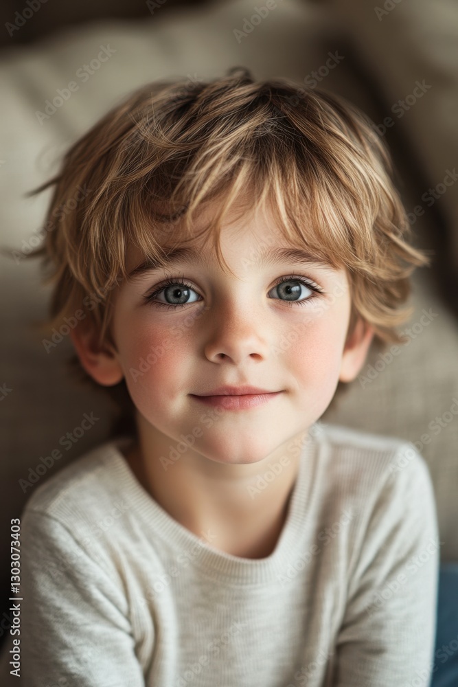 Young boy with light brown hair and blue eyes gazing thoughtfully indoors Young boy with light brown hair and blue eyes gazing thoughtfully indoors
