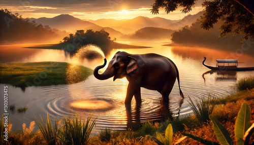 A majestic elephant standing in a tranquil lake, spraying water over itself with its trunk.