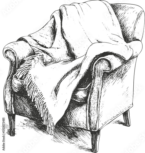 Vintage armchair sketch with a cozy draped blanket.