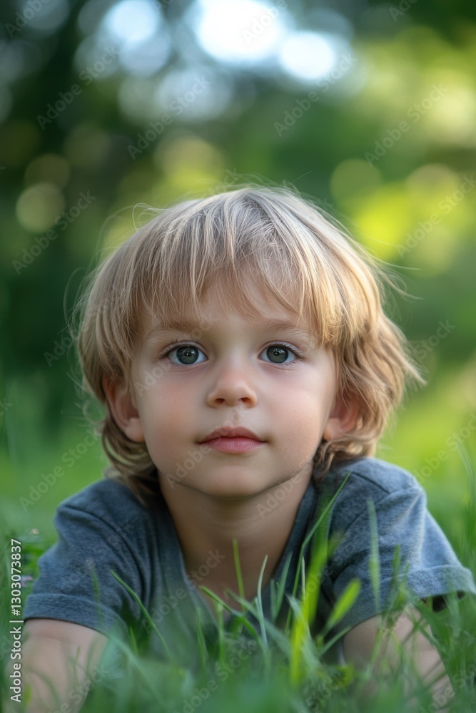 Young child with blonde hair lying in green grass, enjoying a sunny afternoon outdoors Young child with blonde hair lying in green grass, enjoying a sunny afternoon outdoors