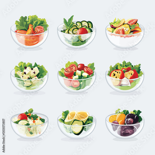 Nine clear bowls with different salad ingredients on a white background