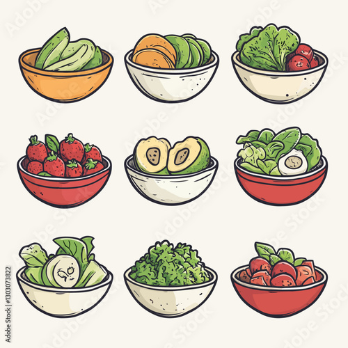 Assorted bowls with salads, fruits and vegetables healthy eating concept.