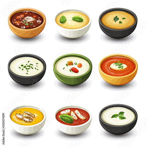 Variety of Soups in Bowls, Food Photography, Culinary Illustration