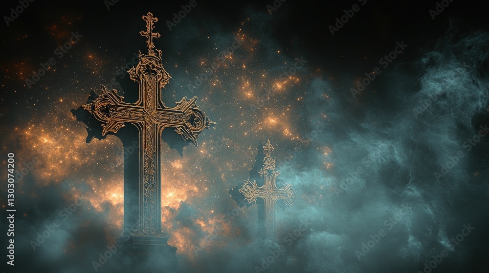 Fototapeta premium Ornate crosses, ethereal mist, celestial glow.