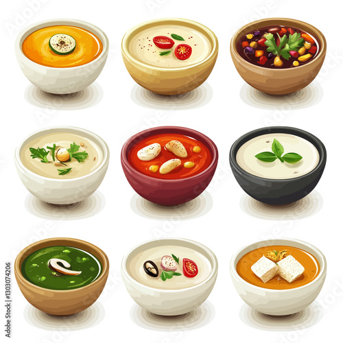 Variety of delicious soups in bowls, showcasing vibrant colors & textures