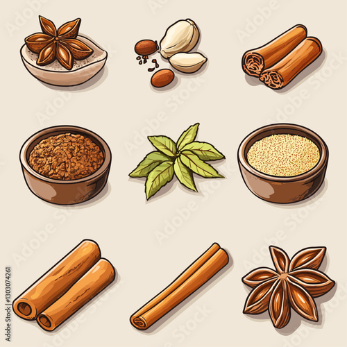 Spice Assortment Still Life: Anise, Nutmeg, Cinnamon, Basil, and Seeds