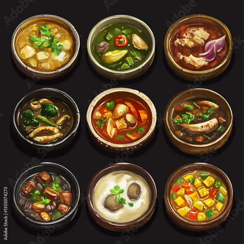 Assorted Soups: Varied Broths with Vegetables and Protein in Bowls, Dark BG