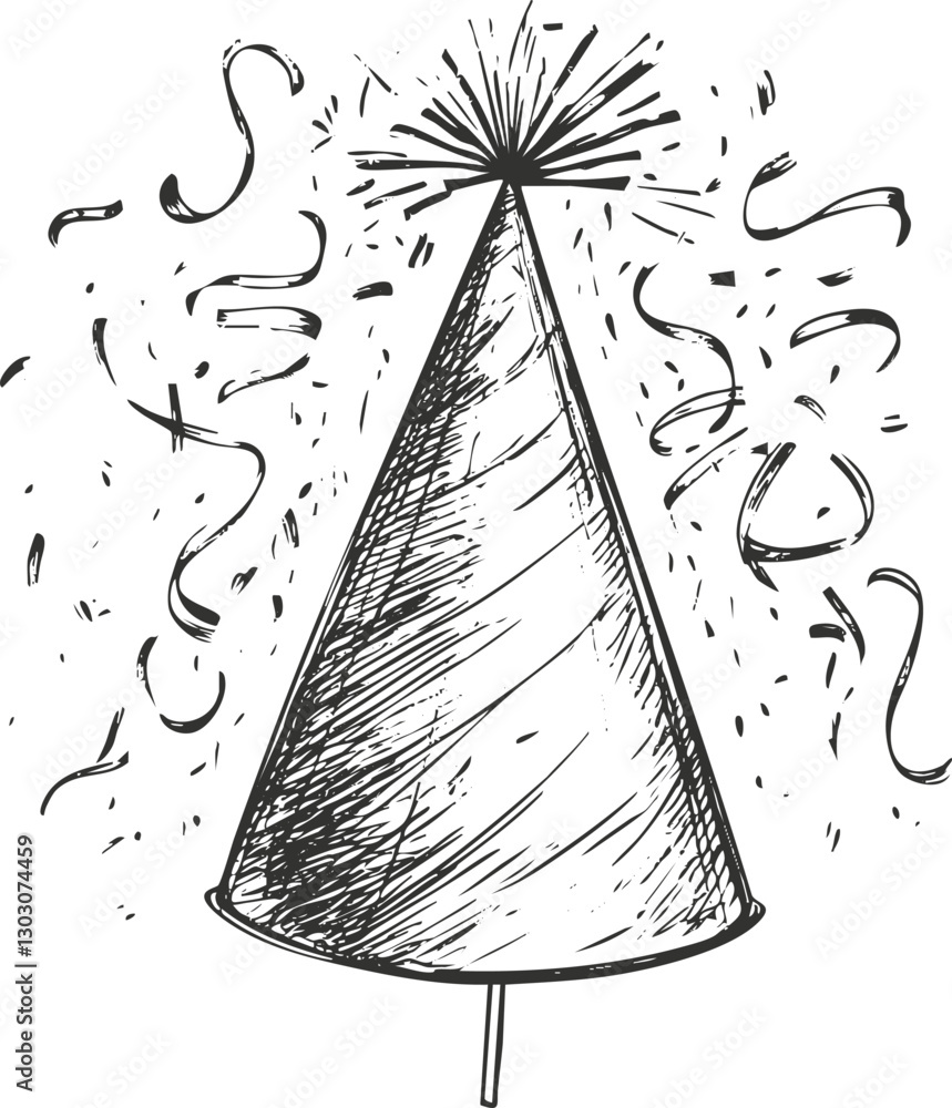 Fototapeta premium Illustration of a party hat with confetti in black and white sketch style.
