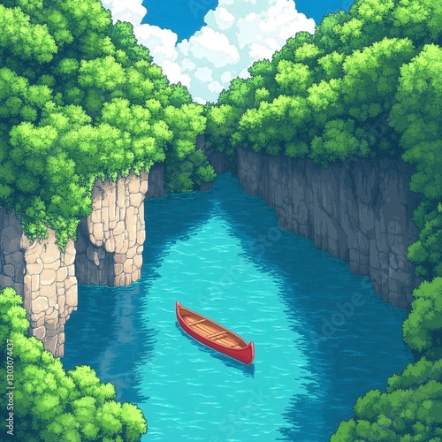 Pixel Art Serene River Scene with Lush Greenery and Tranquil Boat on Water