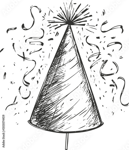 Illustration of a party hat with confetti in black and white sketch style.