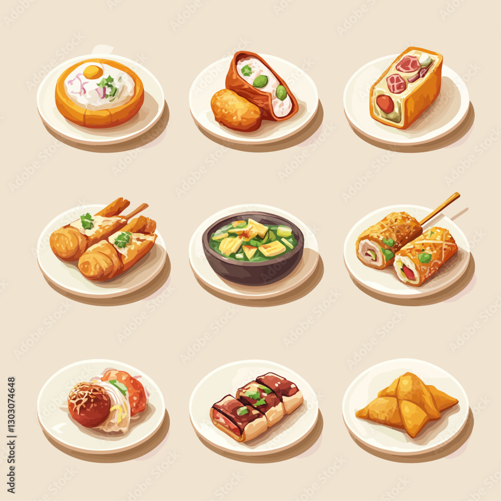 Japanese Food Assortment on White Plates Displaying Variety Culinary Art Japanese Food Assortment on White Plates Displaying Variety Culinary Art