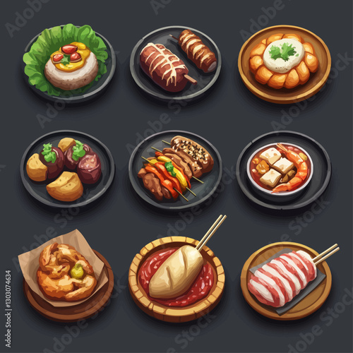 Asian Cuisine Artful Display Of Varied Dishes Collection on Dark Backdrop