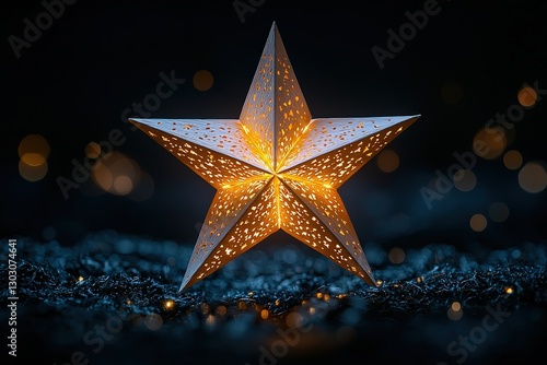 Glowing paper star lantern illuminates the night with warm festive light and bokeh background