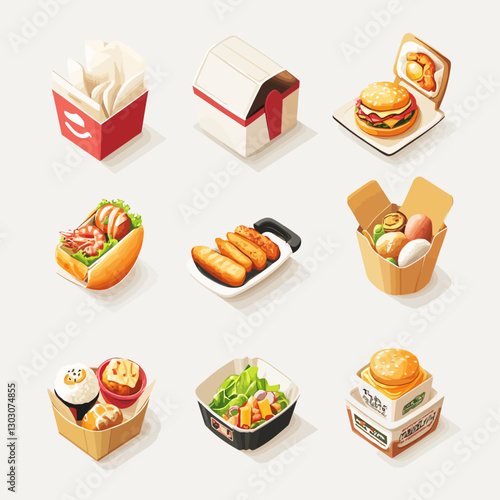 Isometric Food Packaging Assortment: Burger, Fries, Salad, Bento Boxes