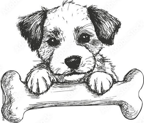 Illustration of a cute puppy holding a bone in black and white.