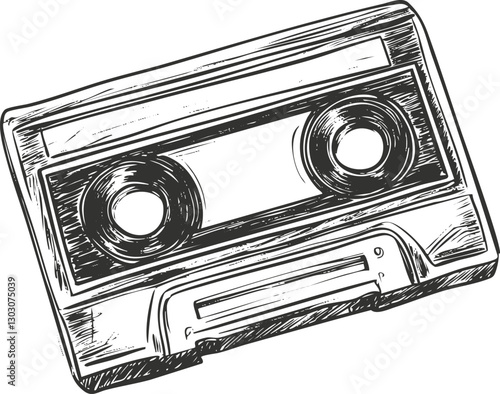 Hand-drawn sketch of a vintage audio cassette tape in black and white.