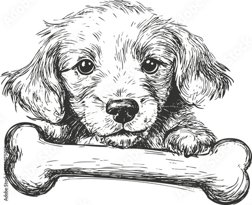 Illustration of a cute puppy with a bone, hand-drawn style.