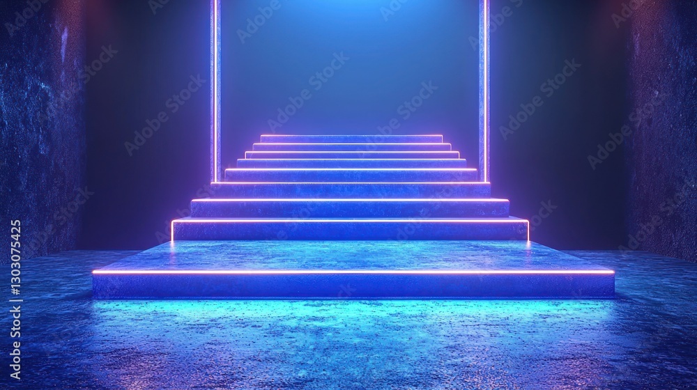 Neon Steps in Dark Interior with Glowing Light Neon Steps in Dark Interior with Glowing Light