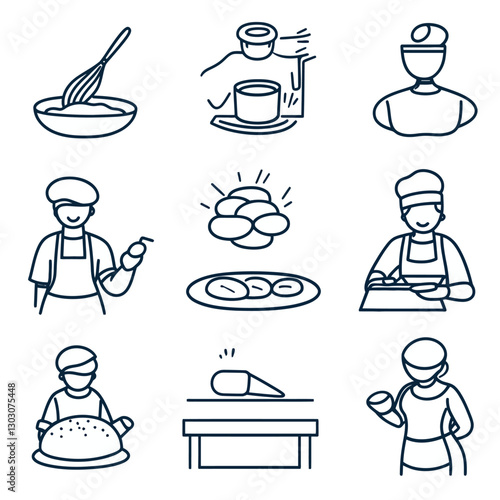 Line art culinary icons illustrate baking food preparation steps