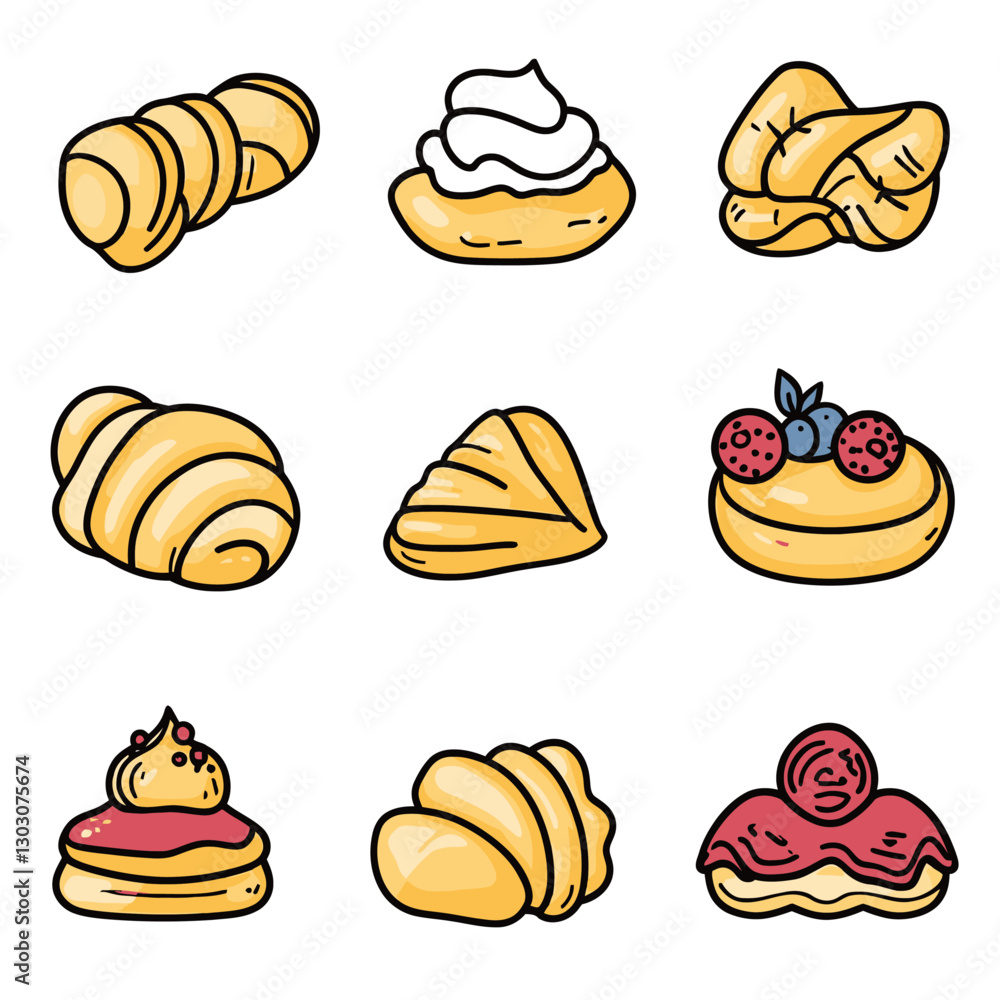Variety of delicious cartoon pastries and cakes on white background Variety of delicious cartoon pastries and cakes on white background