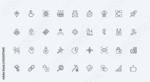 Futuristic open service protocol, P2P, digital data pack thin black outline symbols vector illustration. Defi, decentralized finance, fintech security and crypto money, mining line icon set