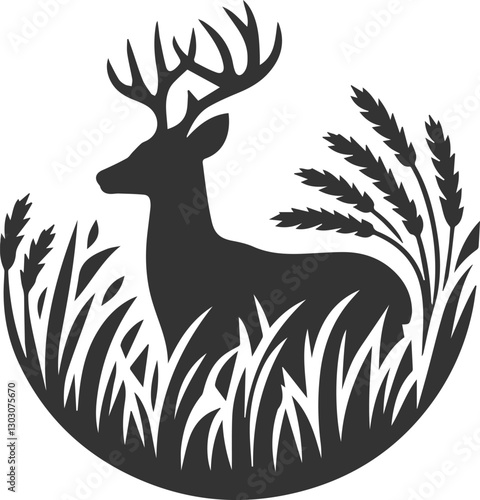 A deer standing in a field of tall grass, partially hidden animal silhouette vector