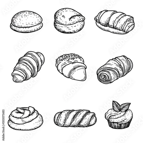 Assorted pastry vector sketch, croissant, bun, sweet roll, cupcake design