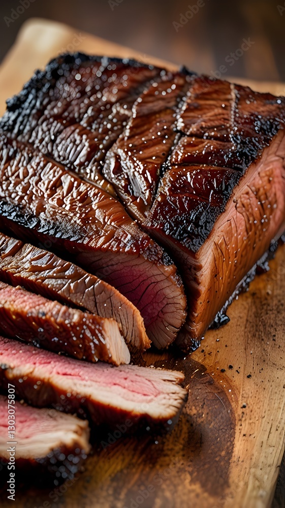 Juicy smoked beef brisket with deep caramelized bark and light barbecue glaze Juicy smoked beef brisket with deep caramelized bark and light barbecue glaze
