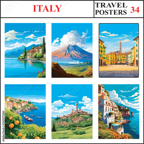 Italy Lake Garda Vesuvius Lucca Tuscany Travel Poster Wall Art Print Collection Set Part 34