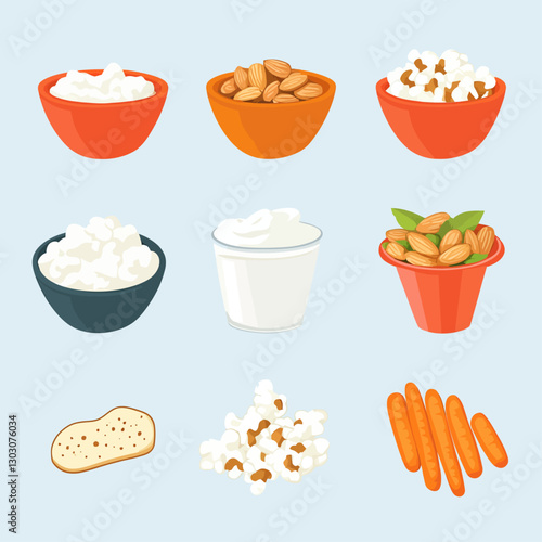 Healthy snack illustration: cottage cheese, yogurt, almonds and popcorn