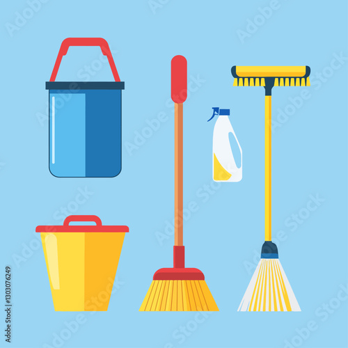Cleaning supplies with bucket, broom, spray bottle, and dustpan icon set