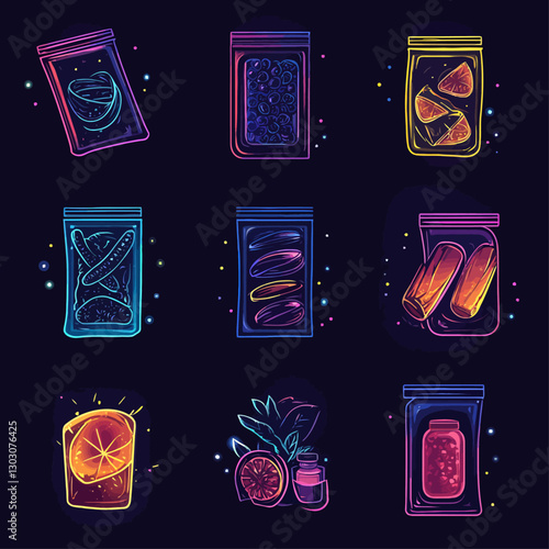 Neon Food Illustration: Vibrant Fruit and Vegetable Storage