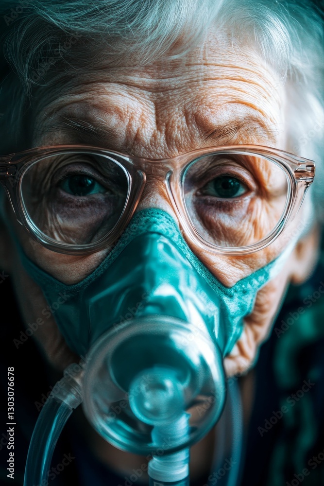 Elderly woman wearing oxygen mask glasses. Elderly woman wearing oxygen mask glasses.