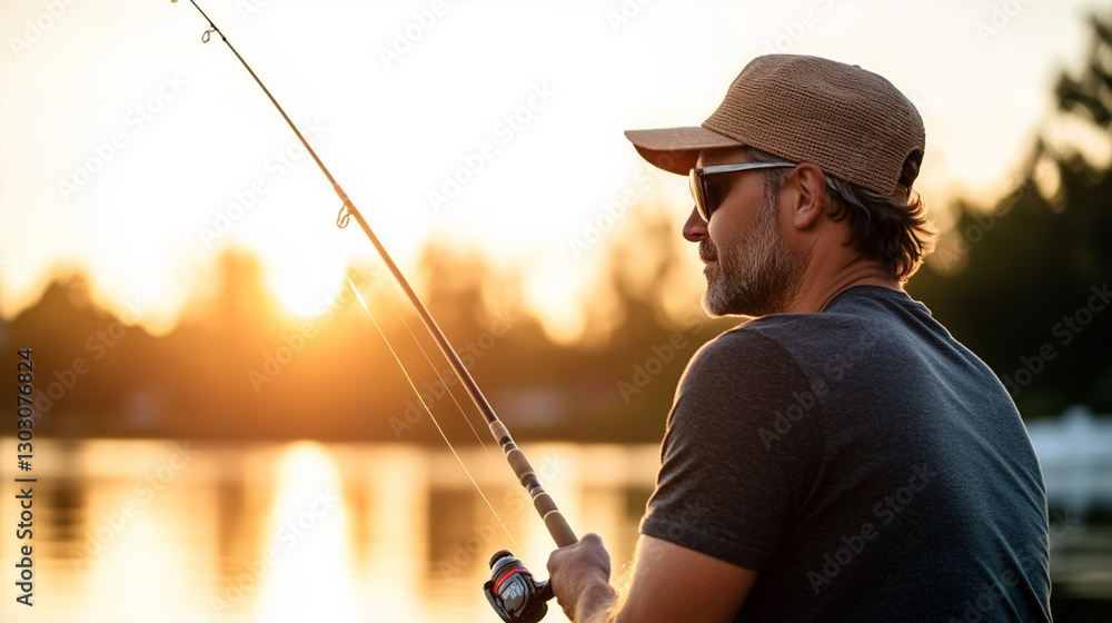 Obraz premium Man fishing at sunset, enjoying a peaceful moment in nature with his rod and reel