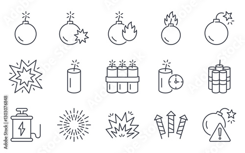 Vector icons fireworks and pyrotechnic symbols. Includes sparklers, firecrackers, and festive explosions. Editable stroke thin line set for celebration, events, and decoration.