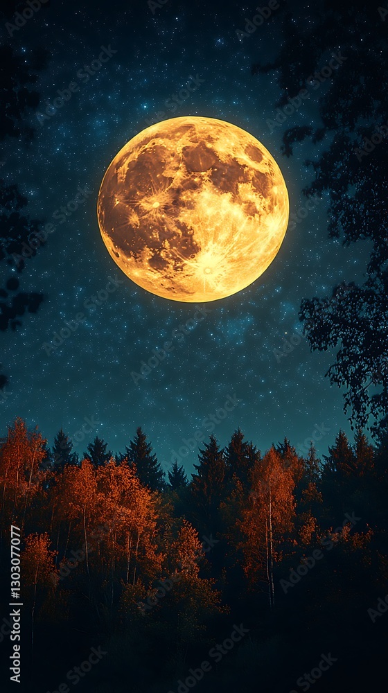 Naklejka premium full moon glowing above forest under starlit sky picture