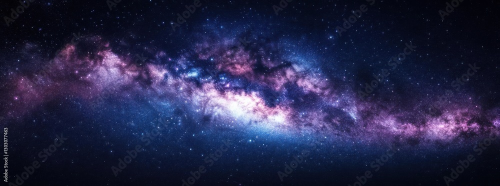 Naklejka premium Celestial Symphony: The Milky Way Galaxy unfurls in a mesmerizing panorama, a ribbon of cosmic dust and incandescent stars painted across the deep, infinite canvas of space.