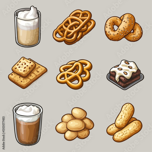 Cartoon baked goods and drinks icons with pretzels cookies and brownie