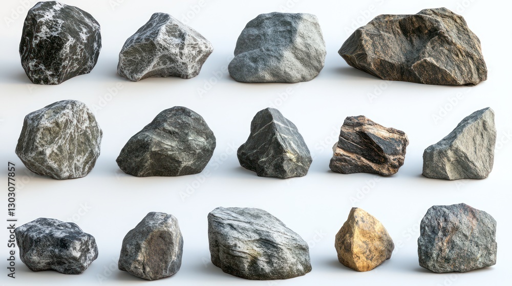 Collection of various grey, brown, and white stones isolated on white background. Collection of various grey, brown, and white stones isolated on white background.